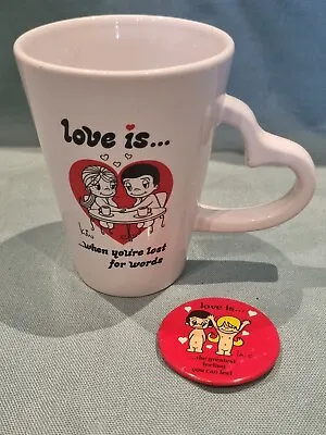 Vintage Kim Casali Love Is... White Ceramic Latte Mug & Button Badge GC • £7.49