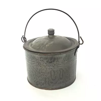 Antique Rustic Farmhouse Gray Graniteware Berry Bucket Tin Lid And Bail Handle • $40