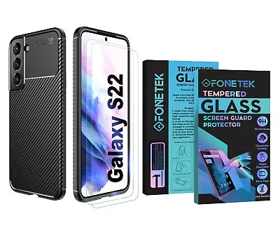 For Samsung Galaxy S22 Carbon Fibre Shockproof Case + 2x Glass Screen Cover • £6.95