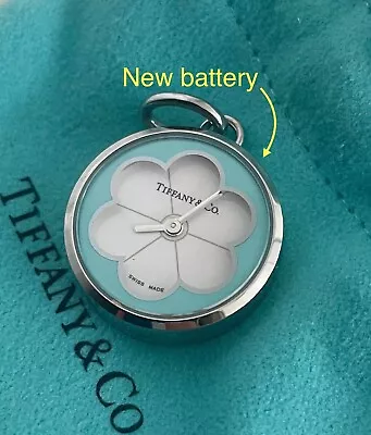 Tiffany & Co Blue Enamel Swiss Blossom Watch Clock Charm 4 Necklace NEW Battery • $72