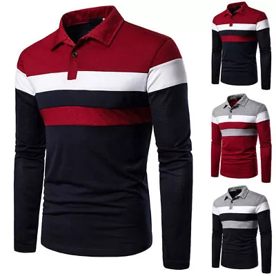 Mens Polo Shirts Long Sleeve T-Shirt Tipping Collar Casual Tops Blouse Work Wear • $16.56