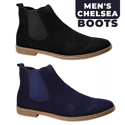 Mens Suede Leather Chelsea Boots Smart Slip On Ankle Dealer Office Casual Shoes • £18.90