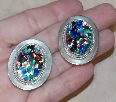 Mexico Art Glass Dichroic Multicolor Oval  Silver Clip Earrings Estate Jewelry • $9.99