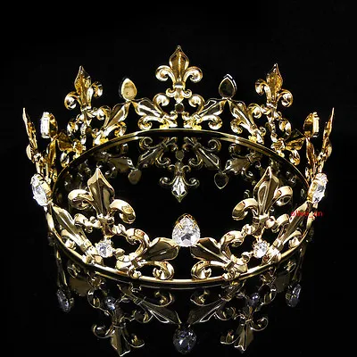 Men's Imperial Medieval Fleur De Lis Gold King Metal Crown 7cm Tall 56.5cm Circ • $27.49
