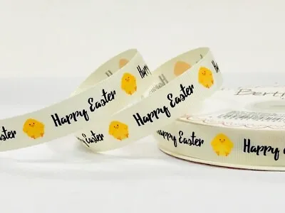 Chicks & Happy Easter Print 16mm Grosgrain Ribbon • £1.79