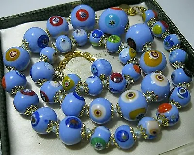 BLUE Millefiori Venetian Italian Murano Glass Bead Graduated NECKLACE New Gift • £45