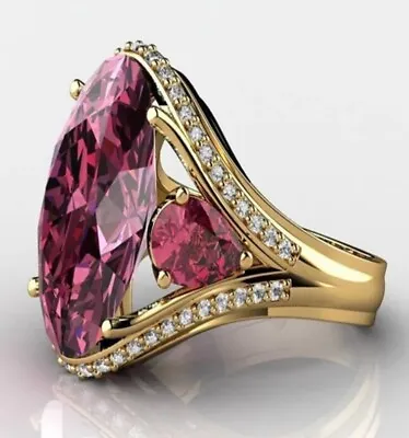 Ladies Gold Plated 925 Sterling Silver Ring- Large  Pink CZ -Size R - Soft Pouch • £34.99