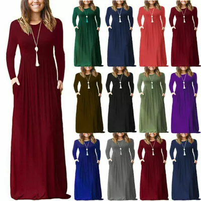 $15.56 • Buy Women Long Sleeve Boho Bodycon Pocket Stretch Party Evening Casual Maxi Dress AU