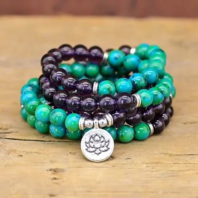 Amethyst Malachite 108 Mala Beaded Prayer Healing Meditation Yoga Bracelet Gifts • $15.98