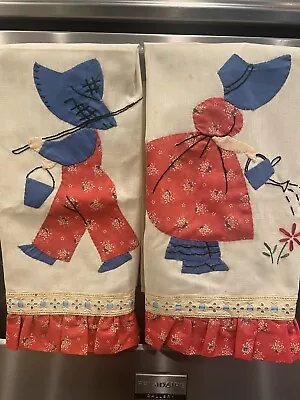 Vintage Hand Embroidered And Sewn Boy And Girl Dish Towels • $15.95