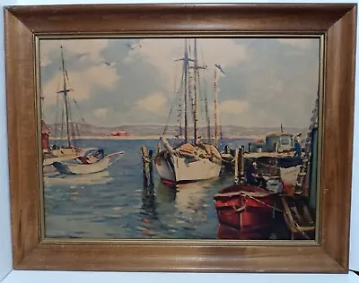 Vintage Fishermans Wharf Lithograph Art Print Framed Boats Harbor Water 27x24  • $49