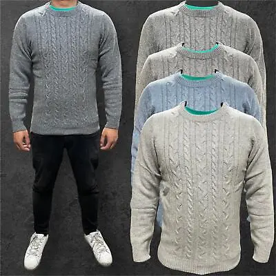 Mens Round Neck Zaraman Cable Knitwear Heavy Woollen Sweater Slim Fit Tops 24-02 • £9.99