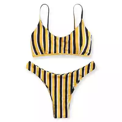 Striped Bikini Set Yellow Black High Waist Brazilian Bralette Scoop Neck Small • $14.99