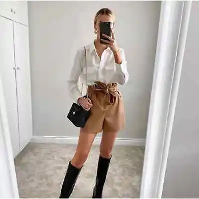 $40 • Buy Zara Faux Leather Paperbag Shorts In Tan Sz M MSRP $79