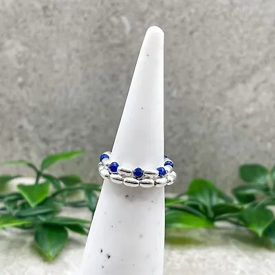 Sterling Silver Stacking Rings With Blue Sodalite Beads Set Of 2 Stretch Rings • $19.58