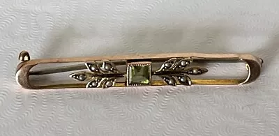 Antique 9 Carat Gold Bar Brooch Pin Jewellery Peridot & Seed Pearls 4.7cm 2 Gm • £75