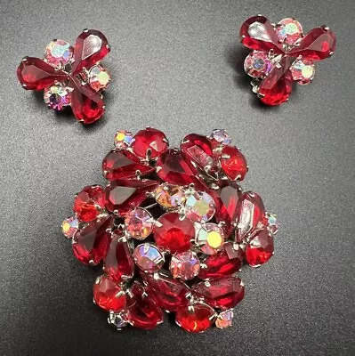 Vintage Larger Red AB Rhinestone Brooch & Clip Earrings Set Red Gold Tone Nice • $54.99