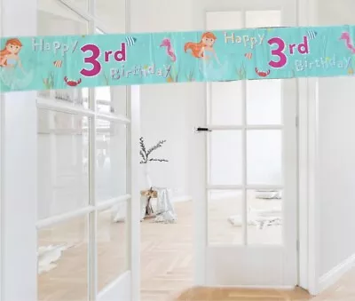 Mermaid Themed Happy 3rd Birthday Door/Wall 9ft Banner. 3rd Party Decorations • £2.75