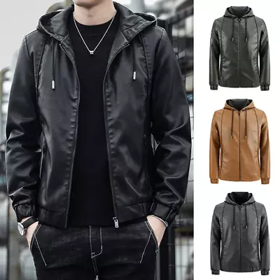 Mens Hooded Biker Coat Zip Pockets Slim Fit Casual TopsPU Leather Black Jacket • $48.50