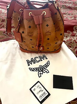 Mcm Dessau Medium Monogram Visetos Cognac Drawstring Bucket Bag • $85