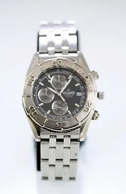 Visage Watch Men Silver Stainless Steel 50m WR Black Chronograph Date Quartz • $44.92