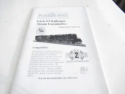 Mth Trains -g Scale 4-6-6-4 Challenger Steam Loco Operator's Manual - S26 • $14.95