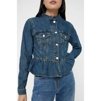 Vero Moda Ruffle Peplum Distressed Raw Neck Denim Jacket Womens Small • $24