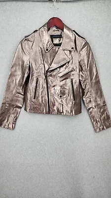 Zara Woman Faux Leather Crop Biker Black Jacket Size Small Metalic Silver Color • $34.99