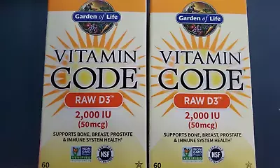 2 Bottles - Garden Of Life Vitamin Code Raw D3 - 2000 IU 50mcg 60 Caps Ex 04/24 • $19.90
