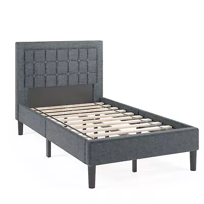 Single Bed Frame Upholstered Platform Bed Slat Support Button-Tufted Headboard • £119.95