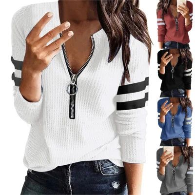 $14.15 • Buy Women's V Neck Tops T-Shirt Ladies Zipper Long Sleeve Casual Loose Blouse Tee US