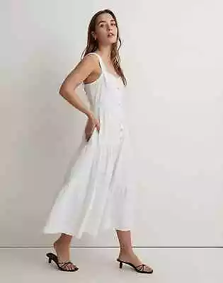 MADEWELL  WHITE BUTTON FRONT TIERED MIDI DRESS $128 POPLIN 0 • $28.99