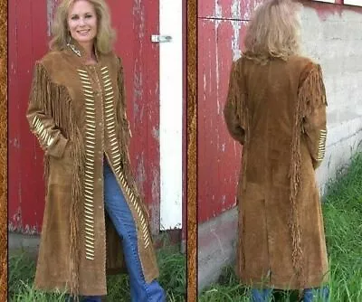 Women Western Wear Suede Leather Long Duster Fringe Coat Bones LJ23 • $134.16