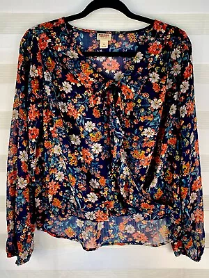 Mossimo Womens Floral Blouse Sheer Long Sleeve Wrap Style Front Top Size Medium • $12.99