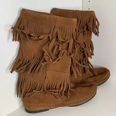 Minnetonka Triple Fringe Moccasin 1632 Boots Size 8 Boho Brown Leather Suede • $20.58