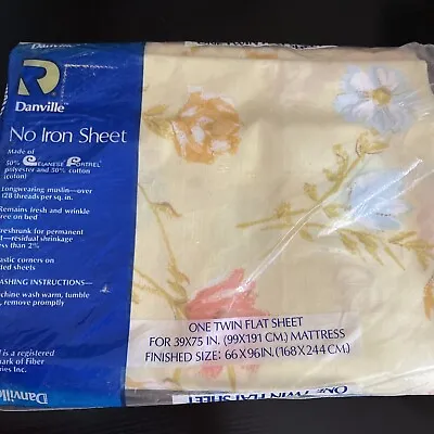 Danville No Iron Vtg Flat Sheet 66x96  Twin Floral Yellow WBlue Pink Flowers NOS • $10.99