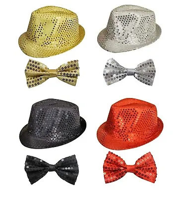 Sequin Dance Stage Show Trilby Hat & Bow Tie Fancy Dress Las Vegas Costume Set • £9.99