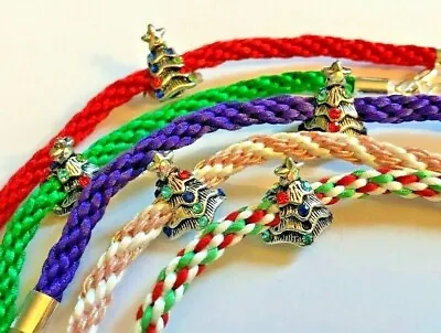 Diamanté Encrusted Xmas Tree Charm On Kumihimo Bracelet (various Colours) • £2.80