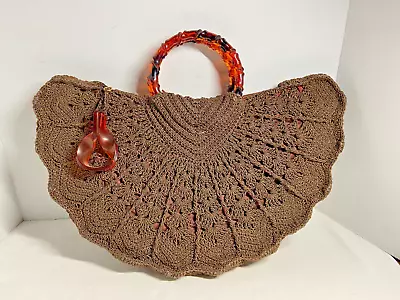 Vintage Brown 17  Crochet Purse Bag With Brown Satin Lining With Handles • $27.99