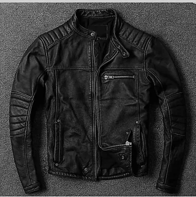 Cafe Racer Biker Black Leather Jacket Men's Motorcycle Distressed Genuine Sheep • $103.49