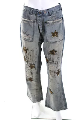 Magnolia Pearl Womens Low Rise Distressed Sequin Star Flare Jeans Blue Size 8 • $67