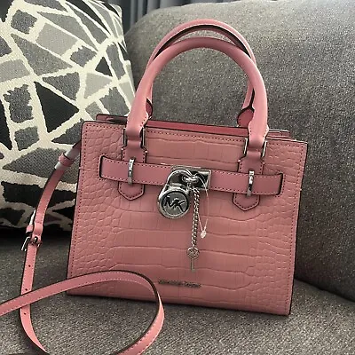 Michael Kors Hamilton Small Satchel Crossbody Croc Embossed Bag Primrose Pink • $129