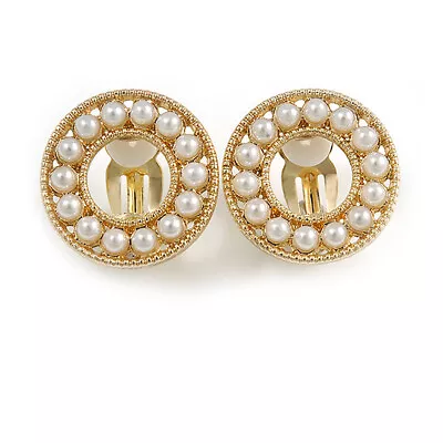 Gold Tone Faux Pearl Bead Button Clip On Earrings - 22mm D • £11.90