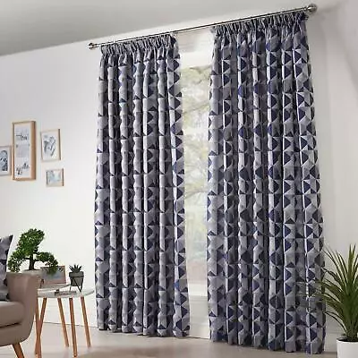 Geometric Tape Top Curtains Skandi Jacquard Lined Pencil Pleat Curtain Pairs • £81