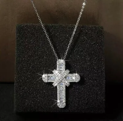 925 Silver Plated Luxury Crystal Cross Pendant Necklace Chain Cubic Zirconia • £8.99