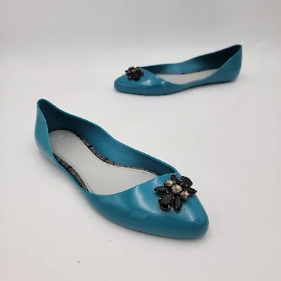 Melissa  X Jason Wu Women's D'Orsay Flats Size 8 Pointed Teal Jelly Shoe Jeweled • $59.99