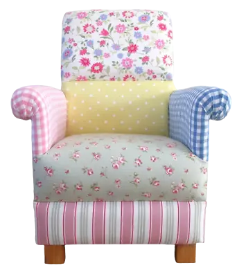 Armchair Laura Ashley Patchwork Fabric Adult Chair Lemon Stripes Spots Pink Blue • £220.49