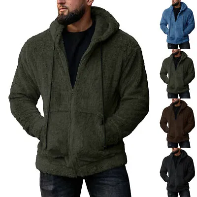 Mens Winter Warm Fluffy Faux Fur Hooded Coat Jacket Zip Casual Hoodie Sweatshirt • £23.59