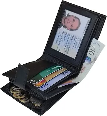 RFID Blocking Mens Real Leather Wallet Zip Coin Pocket Pouch ID Window 44 Black • £7.99