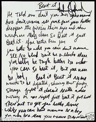 MICHAEL JACKSON Handwritten Signed Lyrics 'Beat It' 2 Pages - Preprint • £6.99